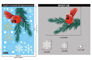Detailed size chart for Christmas window stickers featuring red cardinal and pine branch decals