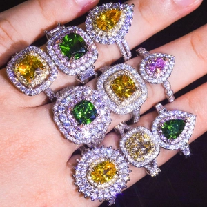 Luxury Copper Zirconia Adjustable Open Ring For Women Emerald Yellow Pink Gemstone Elegant Fashion Jewelry Finger Ring