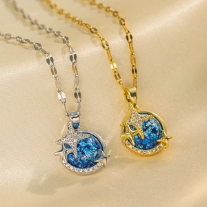 Collier Pendentif Planète Bleue Étoile Lune Acier Titane Zircon Minimaliste Thème Univers Chaîne Clavicule Pour Femmes