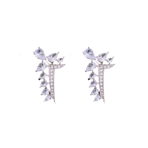 Elegant silver leaf drop earrings with sparkling clear cubic zirconia in a symmetrical layout