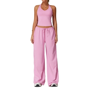 Pink brushed yoga set with halter V-neck tank top and drawstring wide leg sports pants