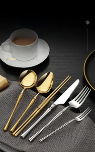 Macro detail of 304 stainless steel cutlery set showing polished finish and slim waist handles