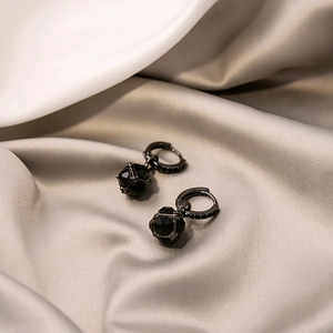 Vintage black square rhinestone drop earrings on champagne satin, luxurious geometric style