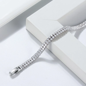 Elegant double-row S925 sterling silver tennis bracelet with round cubic zirconia stones