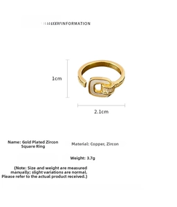 Detailed size parameters of the gold-plated square ring with white zircon inlays