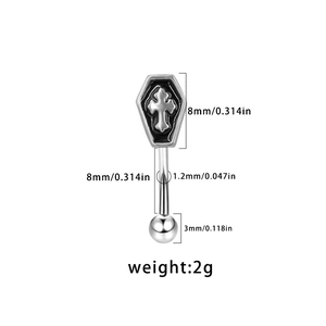 Macro detail of gothic curved barbell eyebrow ring with dimensions and coffin cross charm