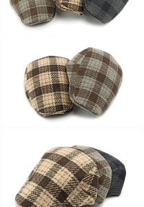 Detailed views of vintage plaid wool newsboy caps in navy blue, brown and beige colors