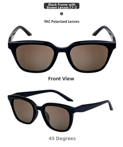 Polarized TAC brown lenses with black frame shown in front and 45-degree angle views