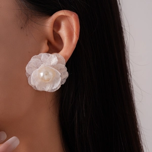 Elegant 10-piece white fabric flower stud earrings with pearl centers for women