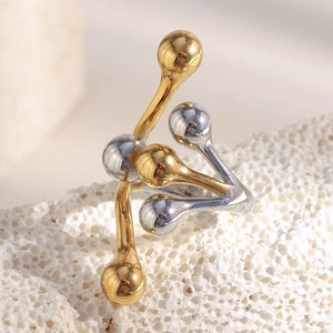 Modern two-tone 18K gold plated stainless steel ring with spherical design on stone base
