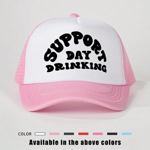 Detailed macro view of retro pink trucker hat featuring Support Day Drinking black print