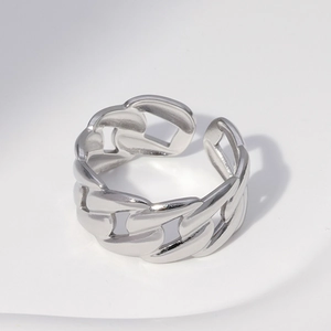 Titanium steel silver chain ring with minimalist open design on white background