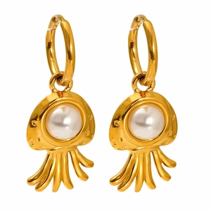 Polished 18K gold jellyfish earrings featuring metallic tentacles and white pearl center