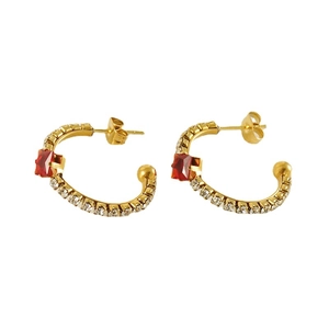 Vintage gold C-shaped stainless steel earrings with red square stones and diamonds