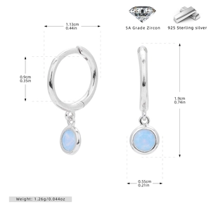 Detailed view of S925 silver hoop earring with light blue zircon and dimensions