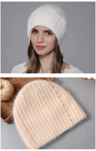 Detail of knitted rabbit fur beanie with elegant pearl and rhinestone embellishments