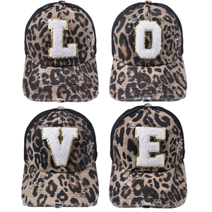 Distressed leopard print mesh baseball caps with LOVE sequined letter embroidery
