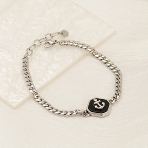 Bracelet À Maille Gourmette Acier Inoxydable Pendentif Ancre Hexagone Émail Style Nautique Bijoux Fantaisie Unisexe