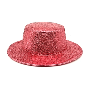 Detail of rose red sequin boater hat for party and stage performances with shiny finish