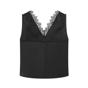 Women's black V-neck sleeveless lace satin top shown on a clean white background