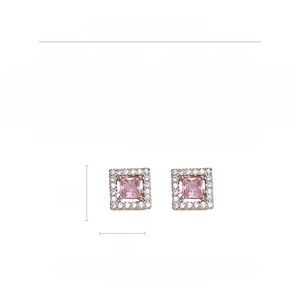 Detail view of pink zircon square stud earring with dimensions and material specs