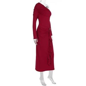 Detail of burgundy one-shoulder dress with elegant ruching and side ruffle trim