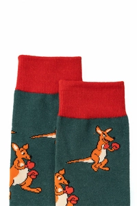 Close-up of green cotton sock featuring a kangaroo wearing boxing gloves on the cuff