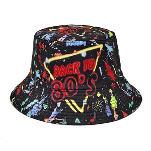 Women Men Reversible Bucket Hat Vintage 80s Graffiti Print Sun Protection Foldable Polyester Fisherman Cap Retro Neon Style