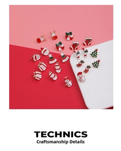 Close-up of colorful Christmas studs featuring Santa and reindeer with gold edges