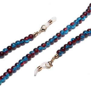 Handmade 6mm red and blue cracked bead eyewear chain with golden lobster clasps