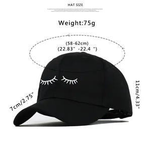 Size chart for black baseball cap with eyelash embroidery showing 58-62cm head girth