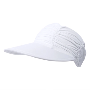 Detail of white pleated sun visor with wide brim and elastic ice-cooling fabric material