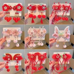 Girls Hair Clips Red Velvet Bow Tassel Hairpins Ancient Style Chinese New Year Hanfu Headwear Kids Festive Accessory