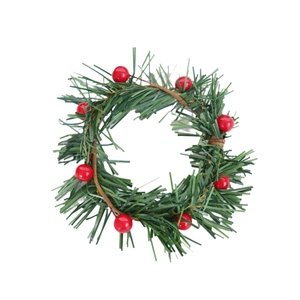 Miniature Christmas candle ring with green needles and red holly berries on white background