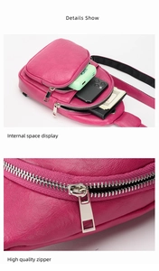 Detail view showing internal storage space and high quality silver zipper of the rose red chest bag