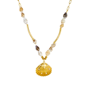 Bohemian gold chain necklace featuring natural shells and pearl-encrusted shell pendant