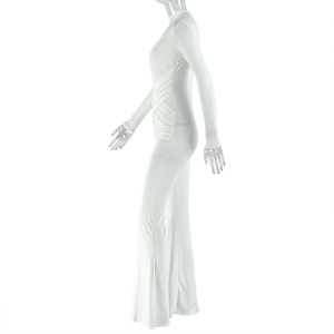 Side view of white long-sleeve jumpsuit featuring high neck and flared leg details