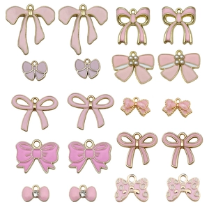 Pink enamel bow charms for jewelry making, sweet alloy bowknot pendants set
