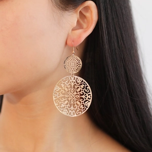 Boucles D Oreilles Pendantes Disque Rond Superposé Ajouré Alliage Motif Fleur Mandala Style Bohème Ethnique Vintage Pour Femmes