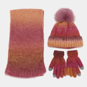 Winter tie-dye knit set with pom-pom hat, scarf, and gloves in pink purple gradient
