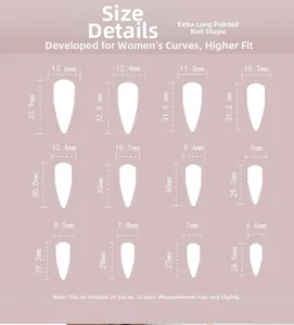 Size chart showing 24 extra long stiletto press-on nails with 12 precise dimensions