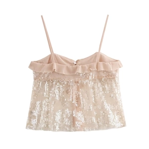 Women's ruffled sequin camisole top in beige with thin straps and open back view