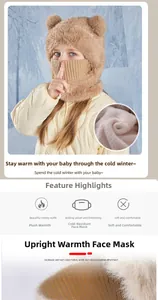 Detail of children's fleece bear hat featuring a built-in knit face mask and plush lining