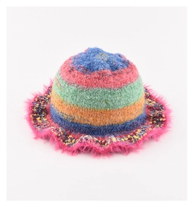 Close-up of colorful oil painting style knitted bucket hat with pink faux fur trim details