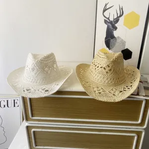 Hollow weave western straw cowboy hats in white and beige for sun protection