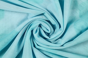 Macro detail of light blue mesh fabric with breathable micro-pore texture and soft drape
