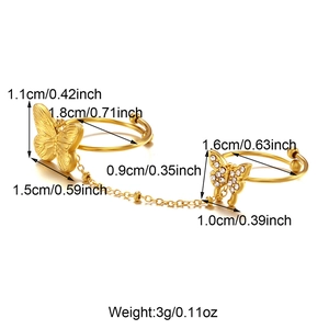 Detail view of gold butterfly chain ring with precise size and weight measurements