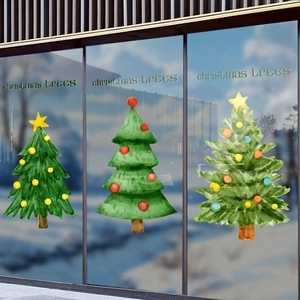 Watercolor Christmas tree window stickers with colorful ornaments for festive glass decoration