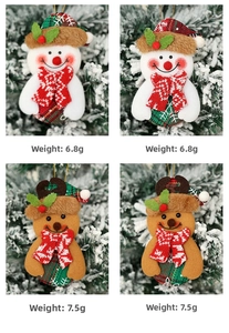 Detailed close-up of handmade snowman and reindeer plush ornaments for Christmas tree decor