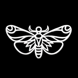 Detailed macro view of a silver stainless steel butterfly charm with filigree cutouts